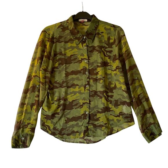 L.E.I  Camouflage Green Shirt Button-Up Roll Tab Sleeve Sheer Large Junior Fern‎ - Picture 1 of 10